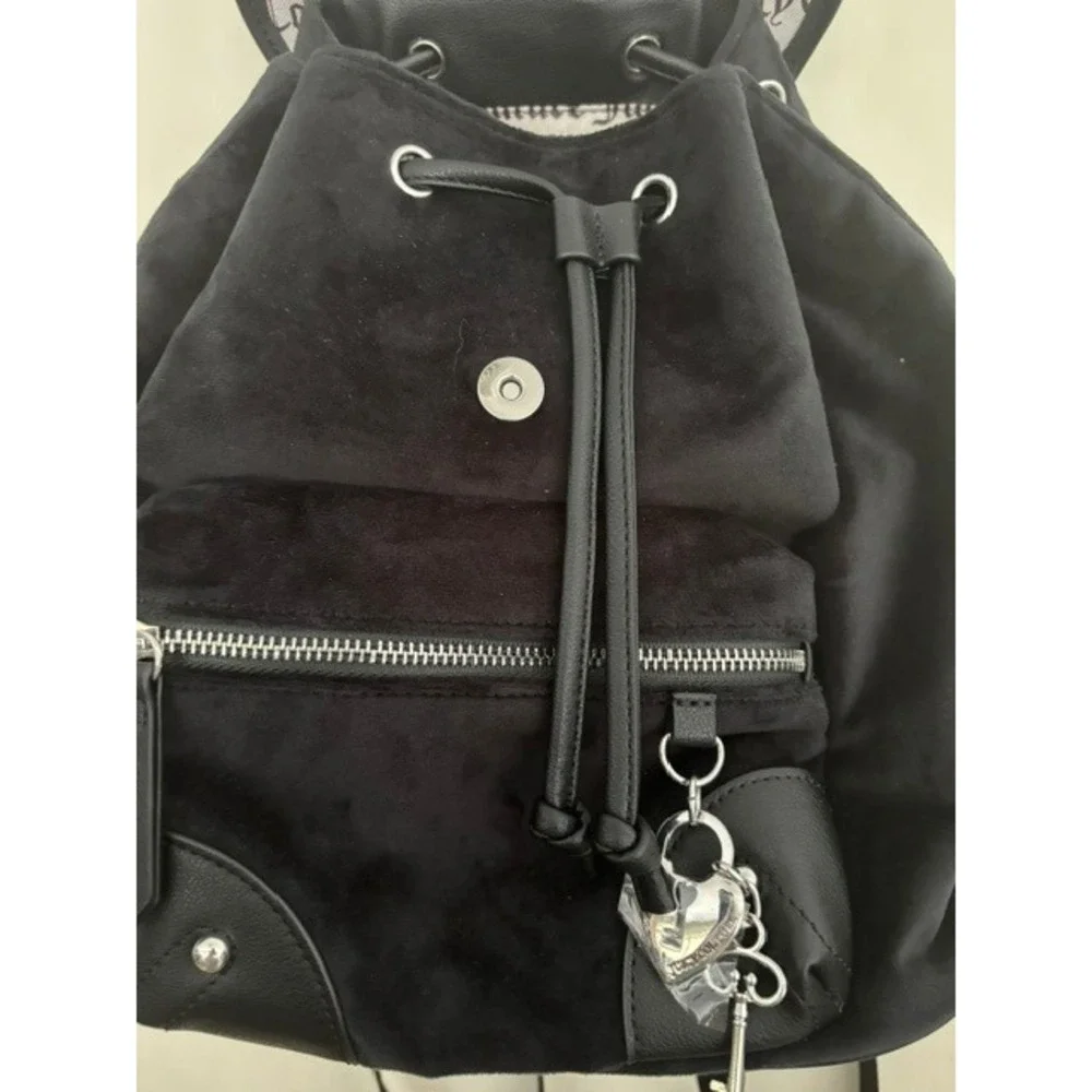 Juicy Couture Black Velour Backpack Silver Crown Logo Heart Charm Y2K Style